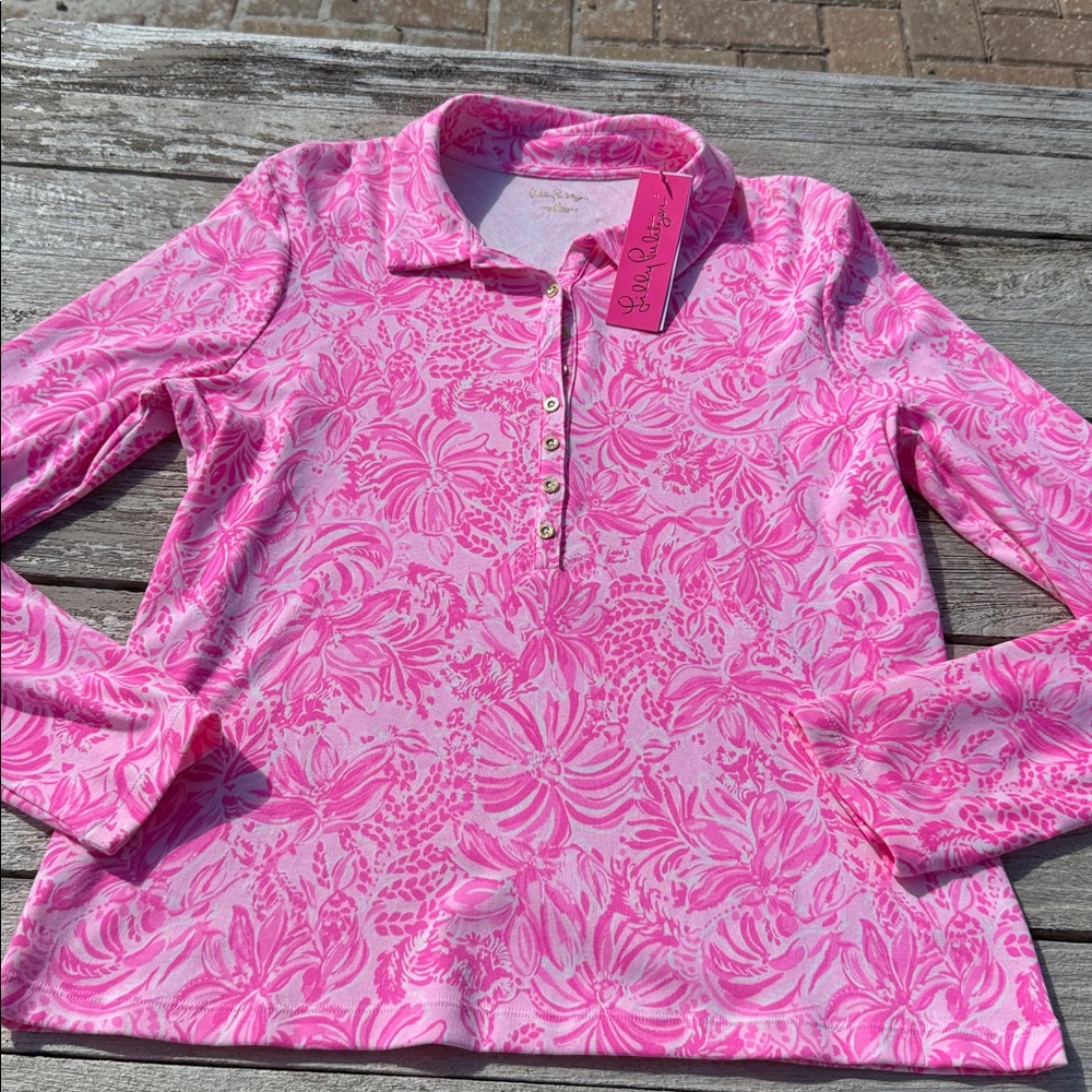 LILLY PULITZER Reema Polo Top In Pink Blossom Foxy Llama size‎ XL NWT